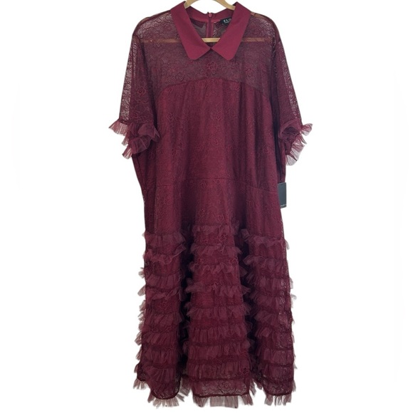 Eloquii Burgundy Wine Lace Peter Pan Collar Ruffle Midi Dress SZ 28 Romantic NEW - Picture 3 of 14